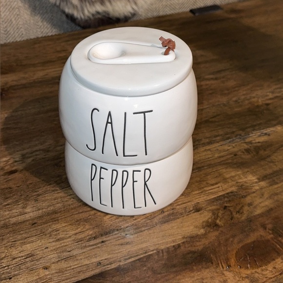 Rae Dunn White Ceramic Stacking Salt & Pepper Cellar (with small spoon) Decor - Picture 2 of 4